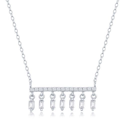 Sterling Silver Bar and Baguette CZ Dangle Necklace